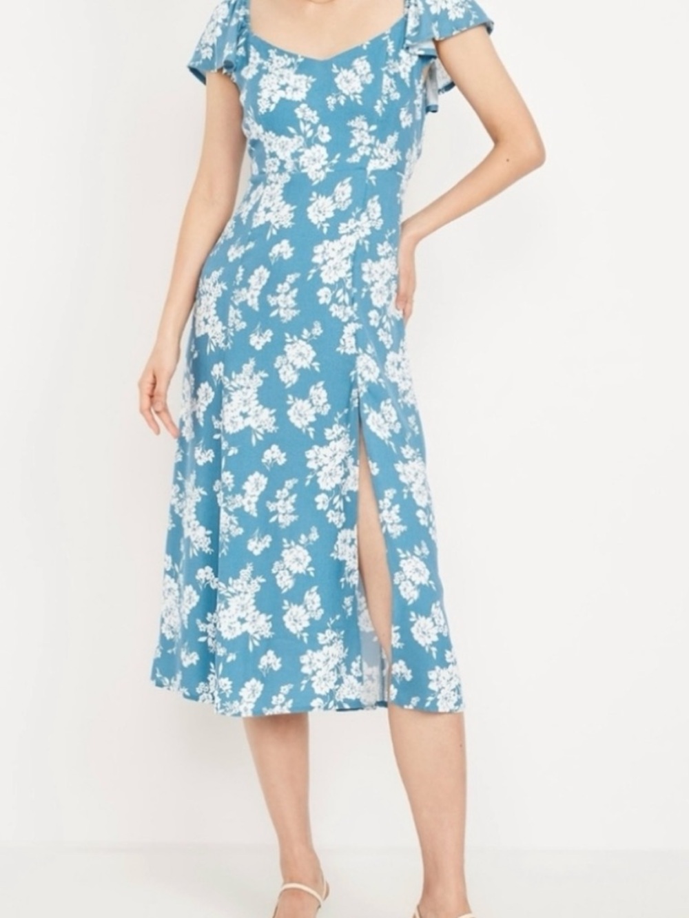 Old Navy Blue Floral Scoop-Neck Midi Dress with Side Slit and Flutter Sleeves